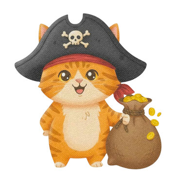 Cute Watercolor Pirate Cat Character Holding a Sack Full of Gold Coins on White Background