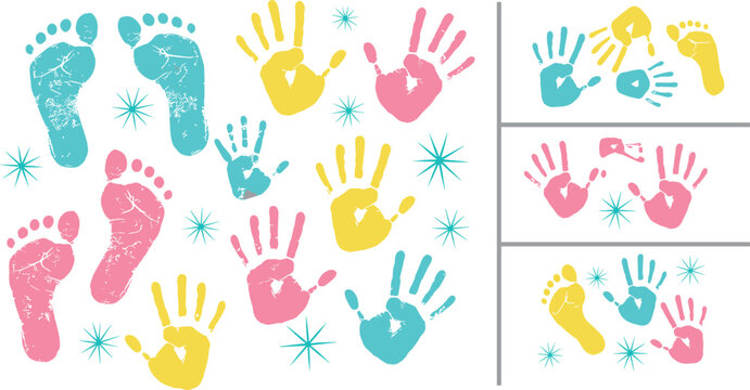 Baby handprints and footprints vector set with colorful paint stamps, nursery art elements and playful background design