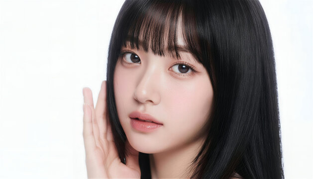 頬に手を当ててカメラを見つめる美しい肌の女性のクローズアップ