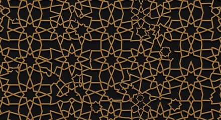 Golden geometric seamless pattern intricate arabesque shapes on a dark black background luxurious Islamic traditional art design wallpaper decor