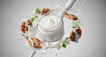 Yogurt Jar, Cookies, Milk Splash Concept