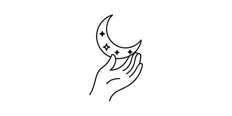 Obraz premium Minimalist line art illustration of a hand holding a crescent moon with small stars inside. Vector, illustration