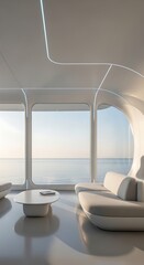 Elegant Modern Minimalist Interior with Panoramic Ocean View and White Contemporary Furniture in Yacht