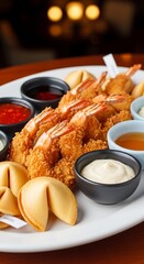 Crispy Fried Shrimp with Sweet Chili and Aioli Sauces, plus Fortune Cookies on White Plate
