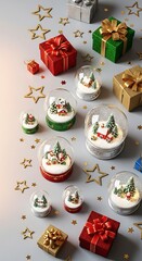 Festive Christmas Flat Lay with Snow Globes, Red and Green Gift Boxes, and Golden Star Decorations