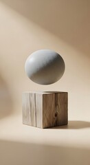 Concrete Sphere Floating Above Wooden Cube Pedestal