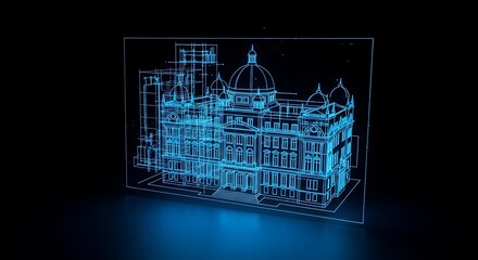 Blue Wireframe Blueprint of Classical Building
