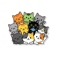 Obraz premium Group of cartoon cats playing together, featuring various colors and expressions, in a whimsical illustration