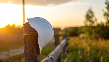 White Hard Hat on Rustic Wooden Fence Post at Golden Sunset in Rural Landscape