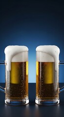 Two Frothy Mugs of Cold Beer Overflowing on Blue