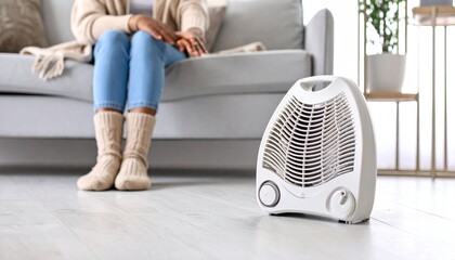 Woman warming up with heater in cold winter
