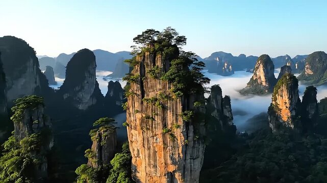Breathtaking Aerial View of Wulingyuan Quartzite Sandstone Pillars: Zhangjiajie National Forest Park with Morning Mist and Lush Greenery