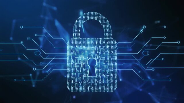 Digital padlock on circuit board background representing cybersecurity and data protection.