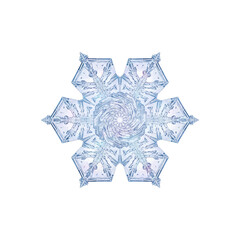 Isolated detailed six-sided ice crystal snowflake macro on black