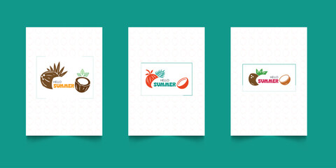 Set of tropical hello summer posters. Beach party flyer templates. Hawaiian backgrounds for greeting card and invitation. Sea sunrise, ocean, palm trees, morning sky © creative