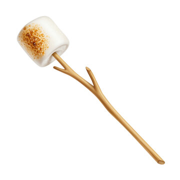 Toasted marshmallow on wooden stick with caramelized surface isolated on white background