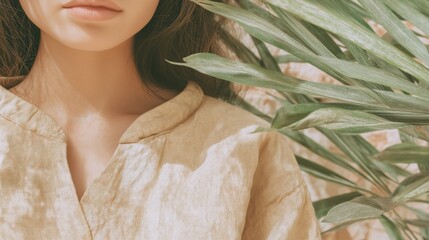 Generative AI, Woman in linen clothing enjoying peaceful moment with plants in sunlight