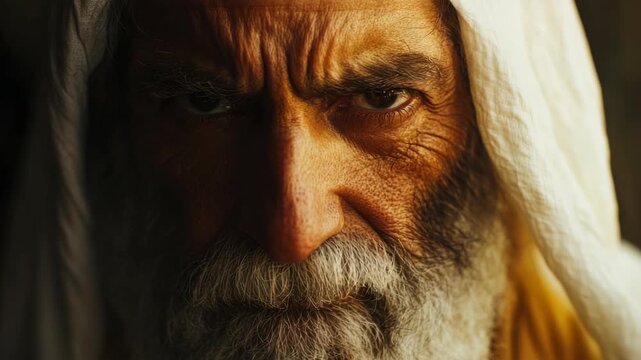 Grizzled face, intense eyes, showing displeasure or defiance.