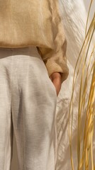 Generative AI, Woman in linen clothing enjoying peaceful moment with plants in sunlight