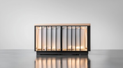 A glowing carbon capture module with transparent panels revealing its inner workings, placed on a sleek metallic surface