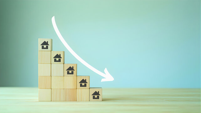 Falling real estate market property values and house prices decline. Descending wooden blocks with house icons and a downward arrow symbolize an economic housing crisis