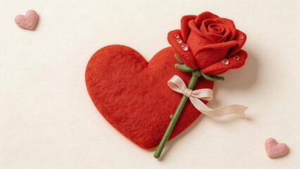 Fototapeta premium Red felt heart with a red rose and small pink hearts on a white background