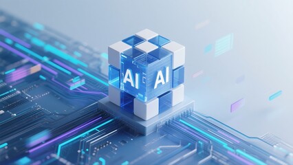 A futuristic AI cube integrated into a digital circuit board with glowing blue pathways.
