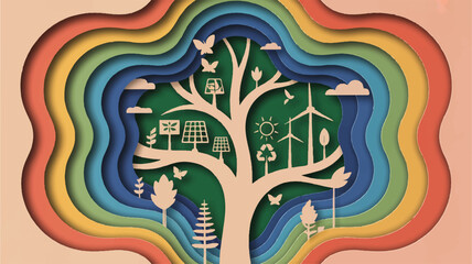 Fototapeta premium A vector illustration of an intricate tree with rainbow colored background and eco friendly symbols representing environmental sustainability and nature conservation