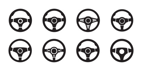 Set of Black Steering Wheels Icons. Collection of Various Car Control Wheels, Driving Symbols, Vector Illustration. © Safali