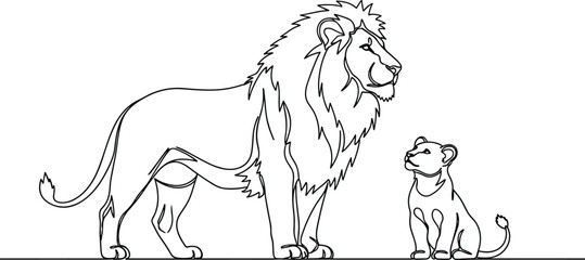 Adult male lion with mane standing beside cub, symbolic family bond, abstract wildlife vector illustration, protective animal design concept © MstAyesha