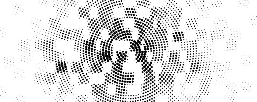 Abstract pixelated halftone square texture. Black pixel cube explosion background. Moving scattered dotted pattern overlay bg. Fading geometric fragment wallpaper. Vector radial backdrop