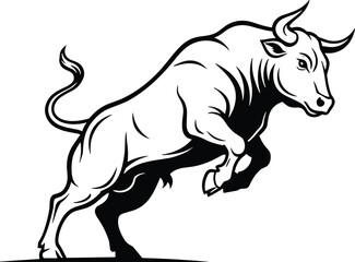 Obraz premium Aggressive bull silhouette mid-leap, muscular build with raised horns, dynamic vector artwork symbolizing strength, energy, determination, and powerful design