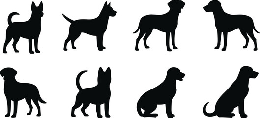 Obraz premium Dog vector illustration, eight silhouette breeds, standing and sitting poses artwork, decorative pet clipart, animal inspired graphic collection