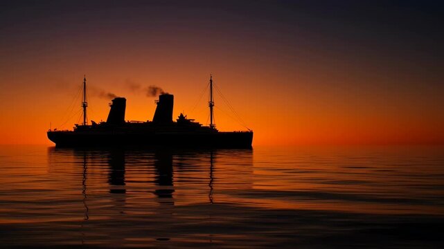 Silhouette of a Historic Ocean Liner at Sunset with Reflections on Calm Water  Evoking Maritime and Titanic Shipwreck