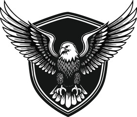 Obraz premium Eagle with spread wings perched before shield, bold emblem illustration, strength and freedom vector artwork, insignia design element
