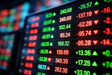 Obraz premium Financial Stock Market Ticker Displaying Fluctuating Numbers in Green and Red.