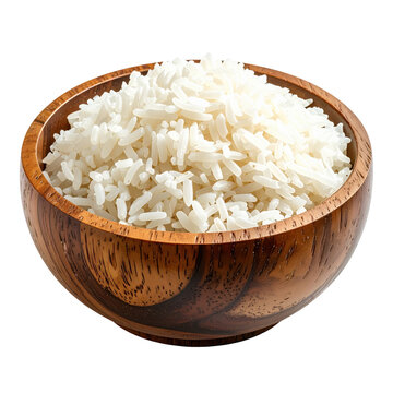 Steaming white rice overflowing from a rustic wooden bowl isolated on white background