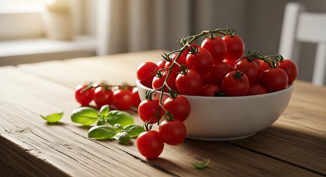 Freshly harvested cherry tomatoes on a rustic wooden table with mint leaves. tomate cerise