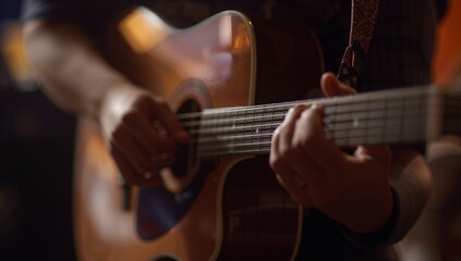 Fototapeta premium Musician playing acoustic guitar in atmospheric soft light