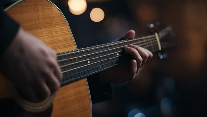 Fototapeta premium Guitarist Playing Acoustic Guitar on Stage with Warm Bokeh