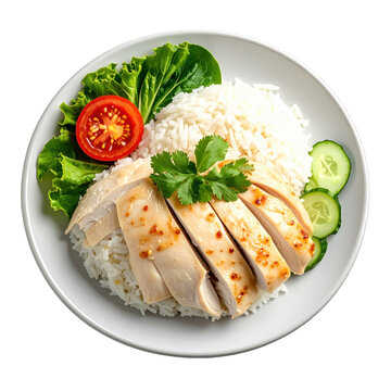 Hainanese chicken rice with fresh vegetables and chili glaze top-down view isolated on white background