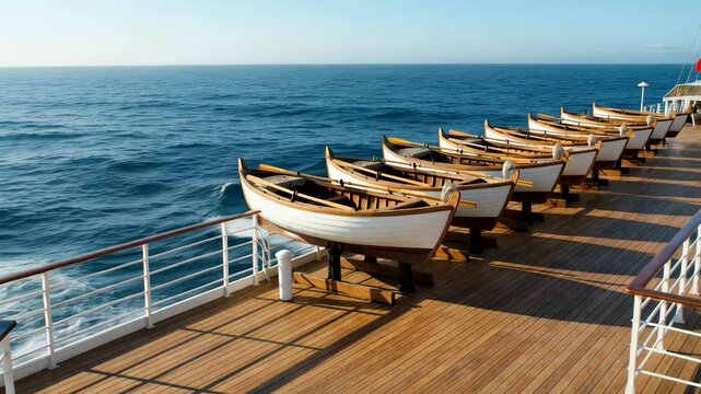 Vintage Row of Wooden Rowboats Docked on Deck with Ocean in Background  Scenic Nautical Vessel Scene