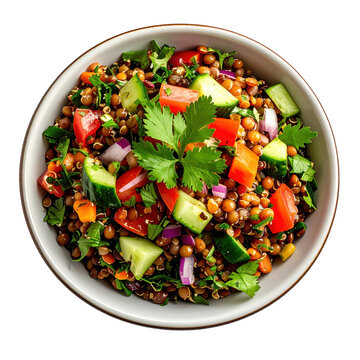 Fresh and vibrant lentil salad with colorful vegetables in a bowl isolated on white background