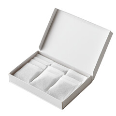 Open white box containing many white rectangular packets filled with a fine granular substance