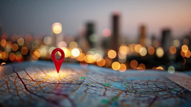 Red Map Pin on City Map at Night Travel Location Concept