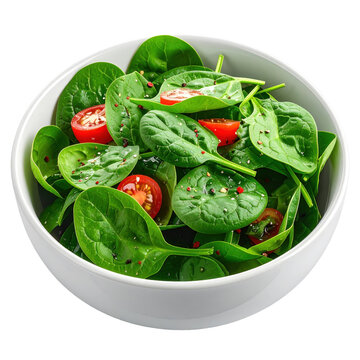 Fresh spinach salad with cherry tomatoes in a white bowl close-up view isolated on white background