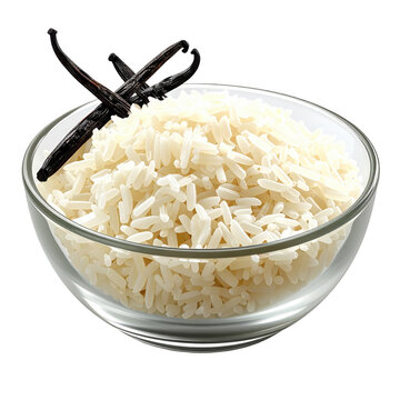 Aromatic vanilla infusion: long grain rice in glass bowl with vanilla beans isolated on white background