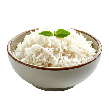 Fluffy white rice in a bowl with basil leaf isolated on white background
