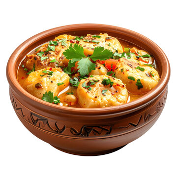Dumplings in a brown ceramic bowl garnished with fresh parsley and chili flakes isolated on white background