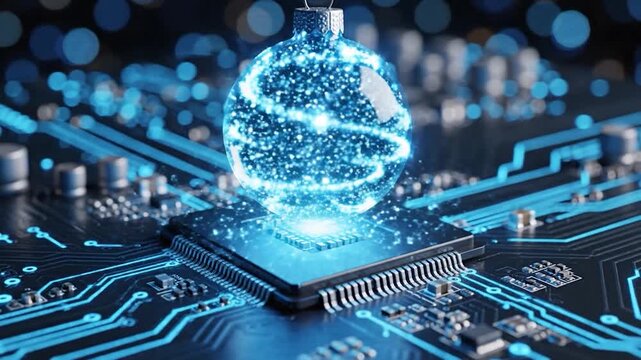 Digital festive ornament on microchip glowing with blue light connecting technology and holiday celebration